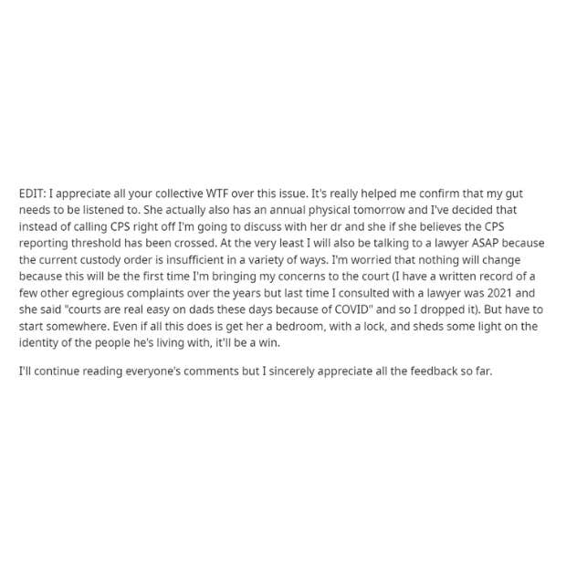 mom worried about daughter not having a bedroom at her dad's house