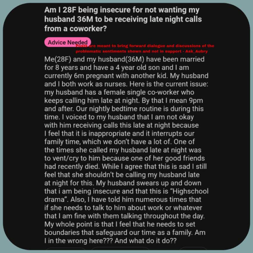 Wife Tells Husband That It's Inappropriate For Him To Receive Late-Night Phone Calls From His Single Female Co-Worker